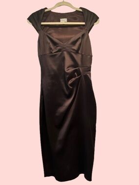 Karen Millen Elegant Satin Cap-Sleeve Dress in Chocolate Brown